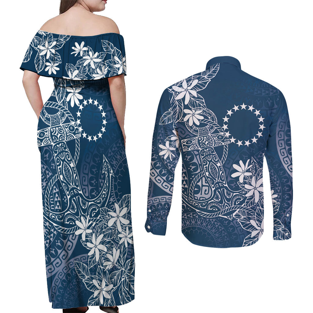 Navy Kuki Airani Tapakau Couples Matching Off Shoulder Maxi Dress and Long Sleeve Button Shirt Tribal Anchor Mix Tiare LT7 - Polynesian Pride
