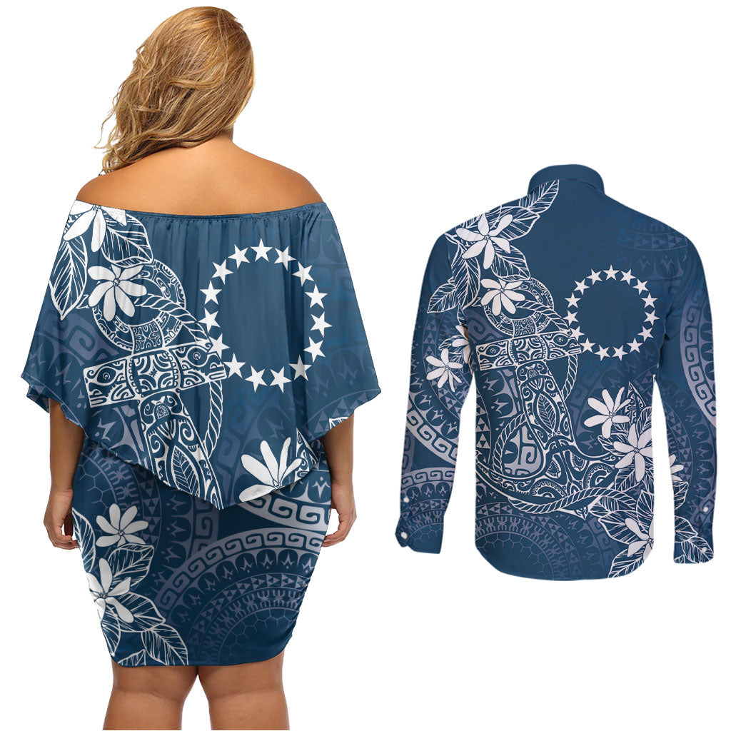 Navy Kuki Airani Tapakau Couples Matching Off Shoulder Short Dress and Long Sleeve Button Shirt Tribal Anchor Mix Tiare LT7 - Polynesian Pride