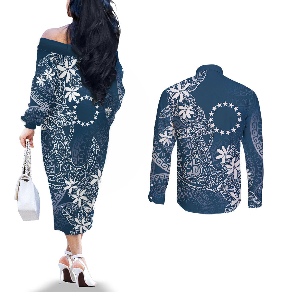 Navy Kuki Airani Tapakau Couples Matching Off The Shoulder Long Sleeve Dress and Long Sleeve Button Shirt Tribal Anchor Mix Tiare LT7 - Polynesian Pride