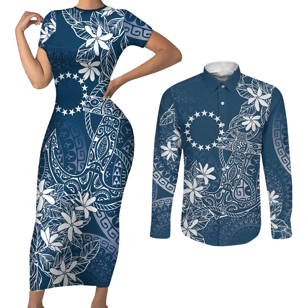 Navy Kuki Airani Tapakau Couples Matching Short Sleeve Bodycon Dress and Long Sleeve Button Shirt Tribal Anchor Mix Tiare LT7 Navy - Polynesian Pride