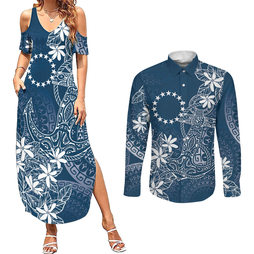 Navy Kuki Airani Tapakau Couples Matching Summer Maxi Dress and Long Sleeve Button Shirt Tribal Anchor Mix Tiare LT7 Navy - Polynesian Pride