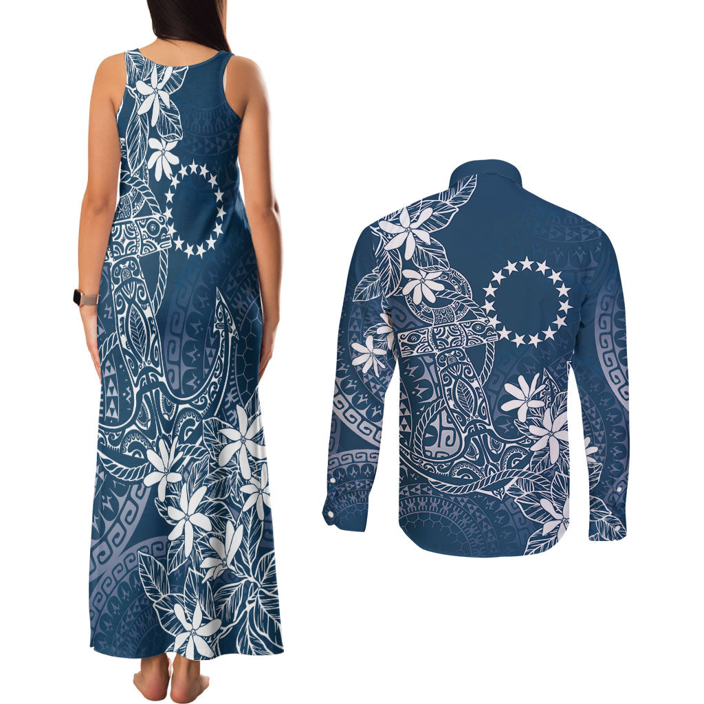 Navy Kuki Airani Tapakau Couples Matching Tank Maxi Dress and Long Sleeve Button Shirt Tribal Anchor Mix Tiare LT7 - Polynesian Pride