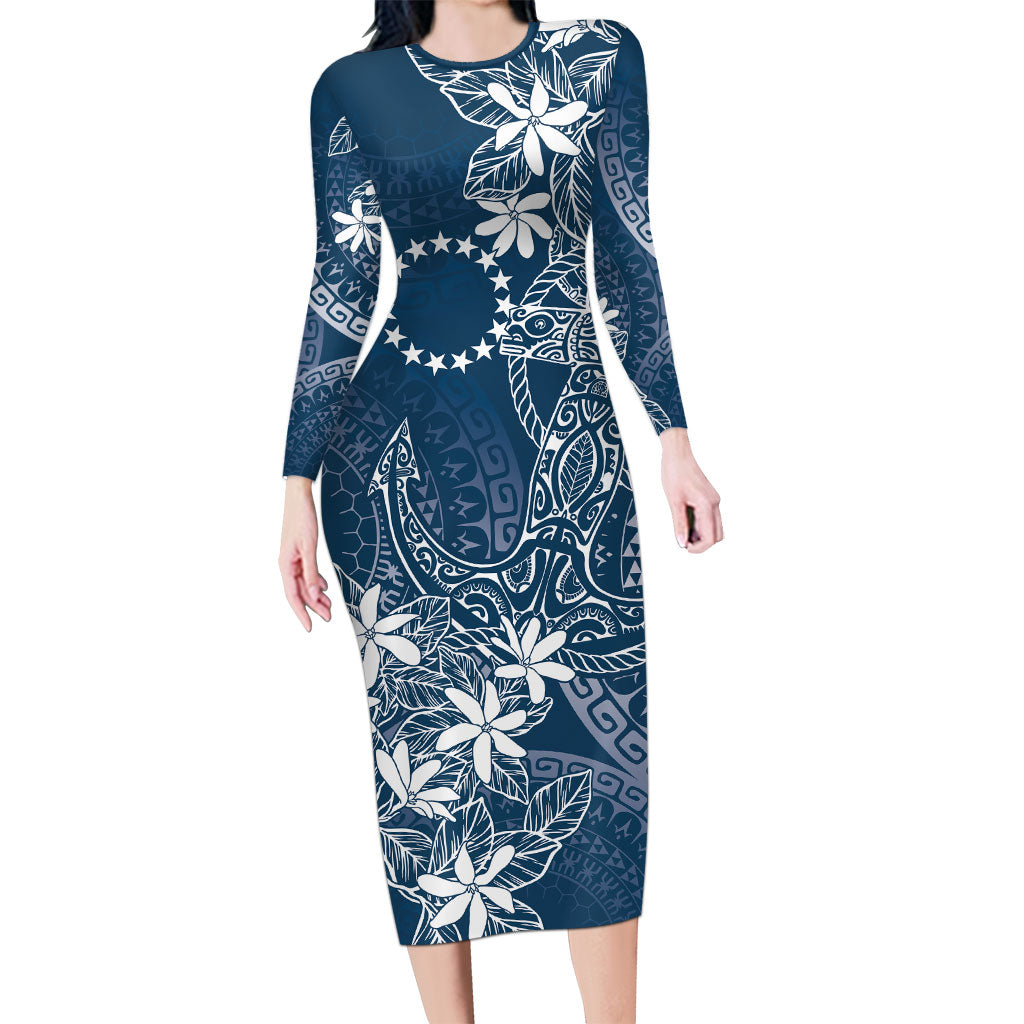 Navy Kuki Airani Tapakau Family Matching Long Sleeve Bodycon Dress and Hawaiian Shirt Tribal Anchor Mix Tiare LT7 Mom's Dress Navy - Polynesian Pride