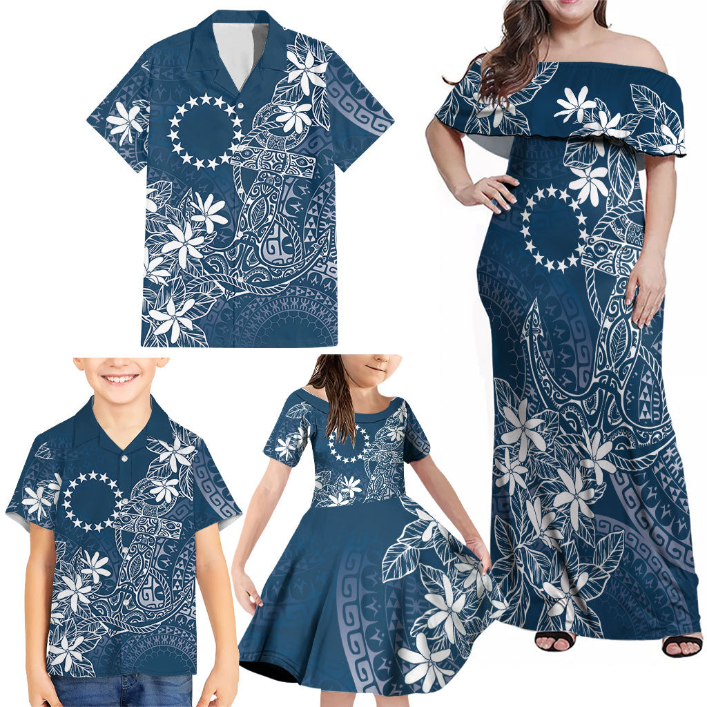 Navy Kuki Airani Tapakau Family Matching Off Shoulder Maxi Dress and Hawaiian Shirt Tribal Anchor Mix Tiare LT7 - Polynesian Pride
