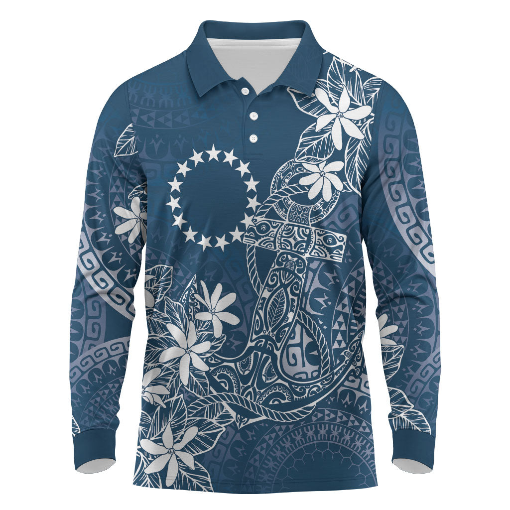 Navy Kuki Airani Tapakau Long Sleeve Polo Shirt Tribal Anchor Mix Tiare LT7 Navy - Polynesian Pride