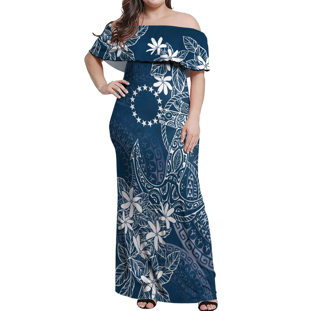 Navy Kuki Airani Tapakau Off Shoulder Maxi Dress Tribal Anchor Mix Tiare