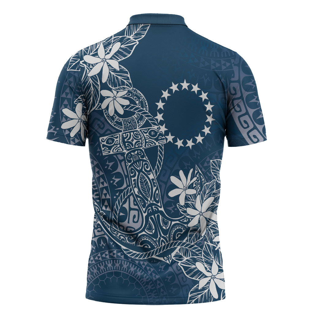 Navy Kuki Airani Tapakau Zipper Polo Shirt Tribal Anchor Mix Tiare LT7 - Polynesian Pride