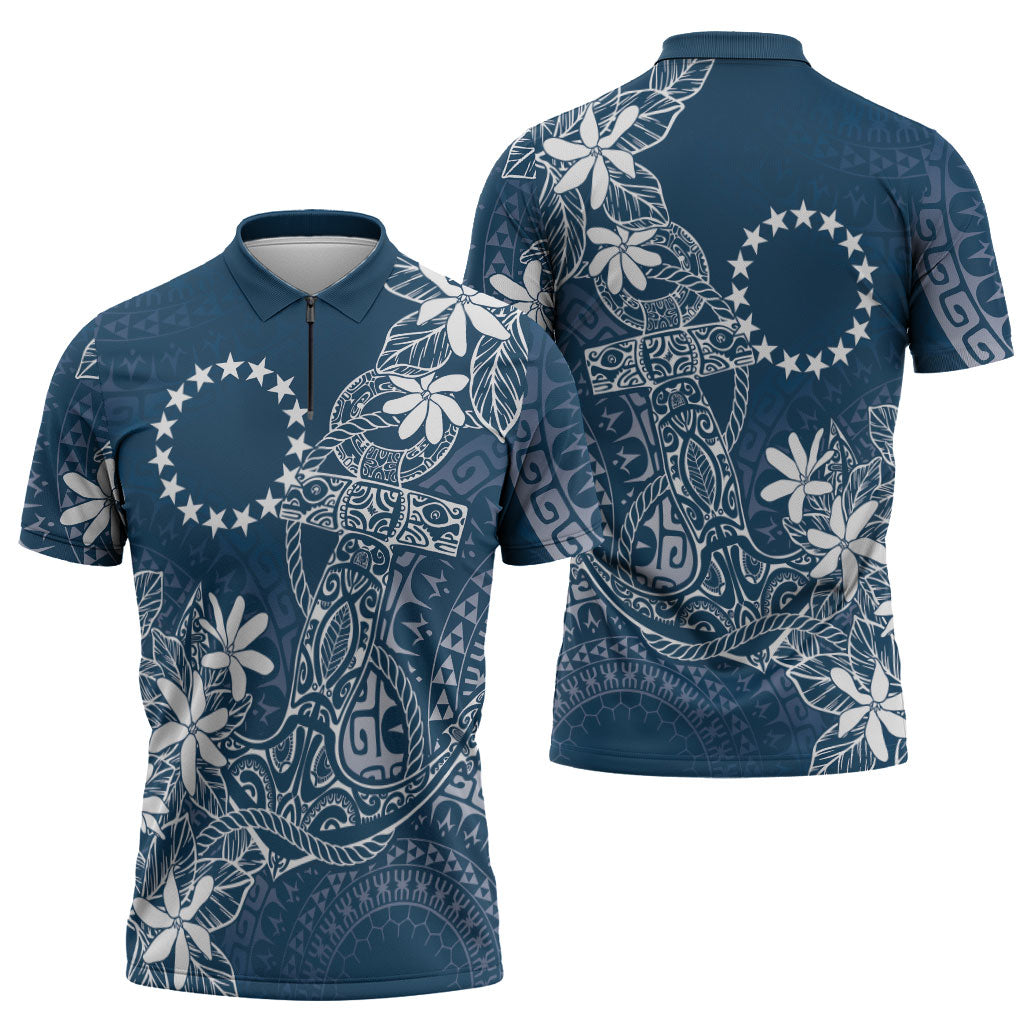 Navy Kuki Airani Tapakau Zipper Polo Shirt Tribal Anchor Mix Tiare LT7 - Polynesian Pride