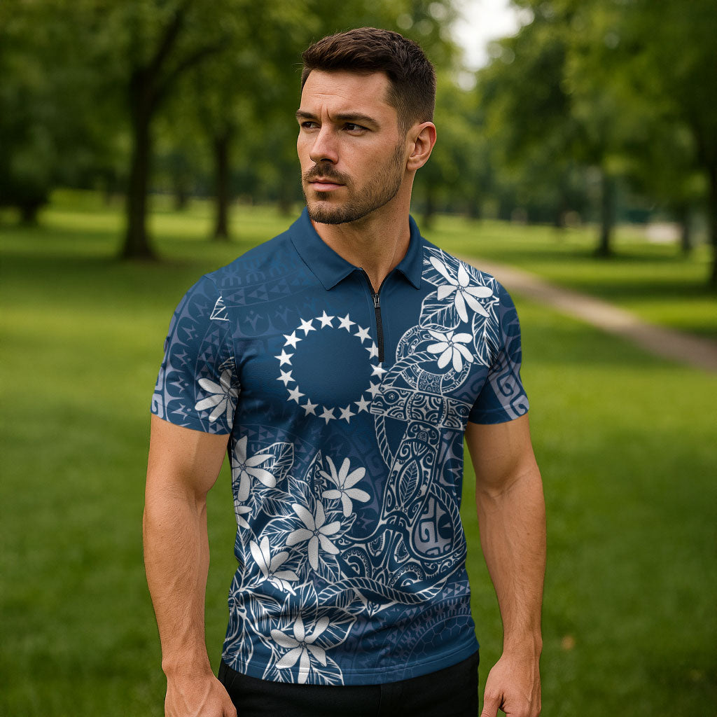 Navy Kuki Airani Tapakau Zipper Polo Shirt Tribal Anchor Mix Tiare LT7 - Polynesian Pride