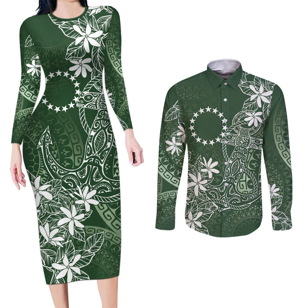 Sage Green Kuki Airani Tapakau Couples Matching Long Sleeve Bodycon Dress and Long Sleeve Button Shirt Tribal Anchor Mix Tiare LT7 Sage Green - Polynesian Pride