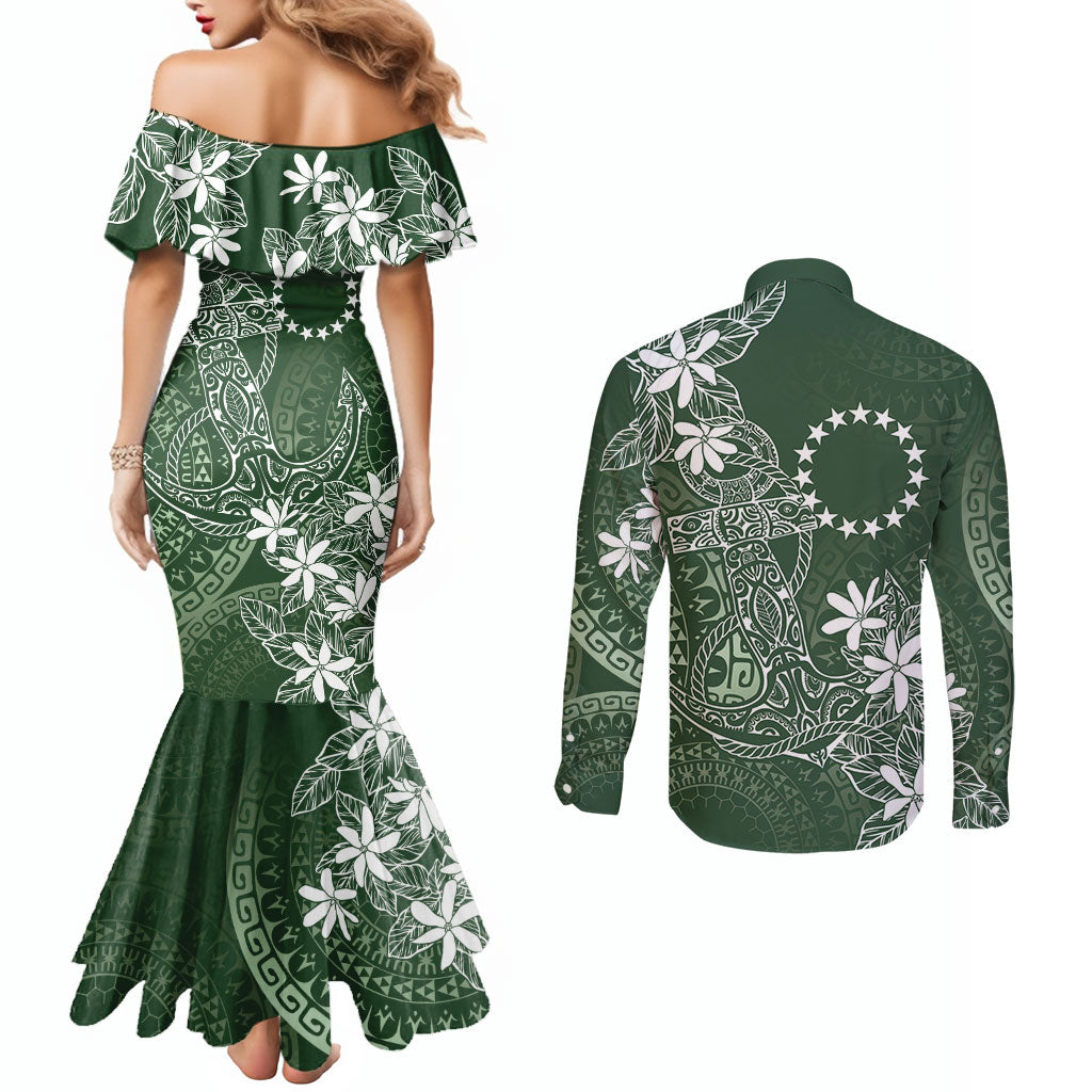 Sage Green Kuki Airani Tapakau Couples Matching Mermaid Dress and Long Sleeve Button Shirt Tribal Anchor Mix Tiare LT7 - Polynesian Pride