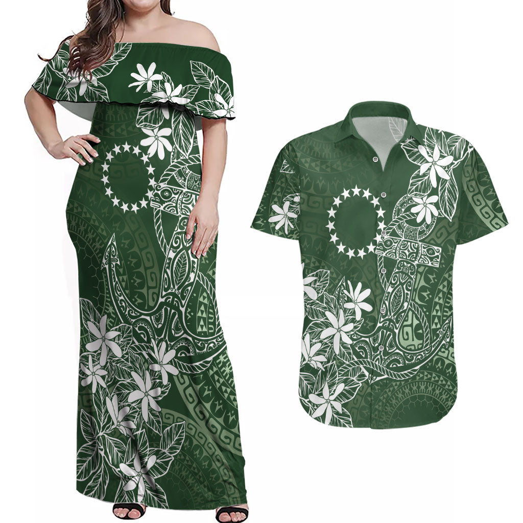 Sage Green Kuki Airani Tapakau Couples Matching Off Shoulder Maxi Dress and Hawaiian Shirt Tribal Anchor Mix Tiare LT7 Sage Green - Polynesian Pride