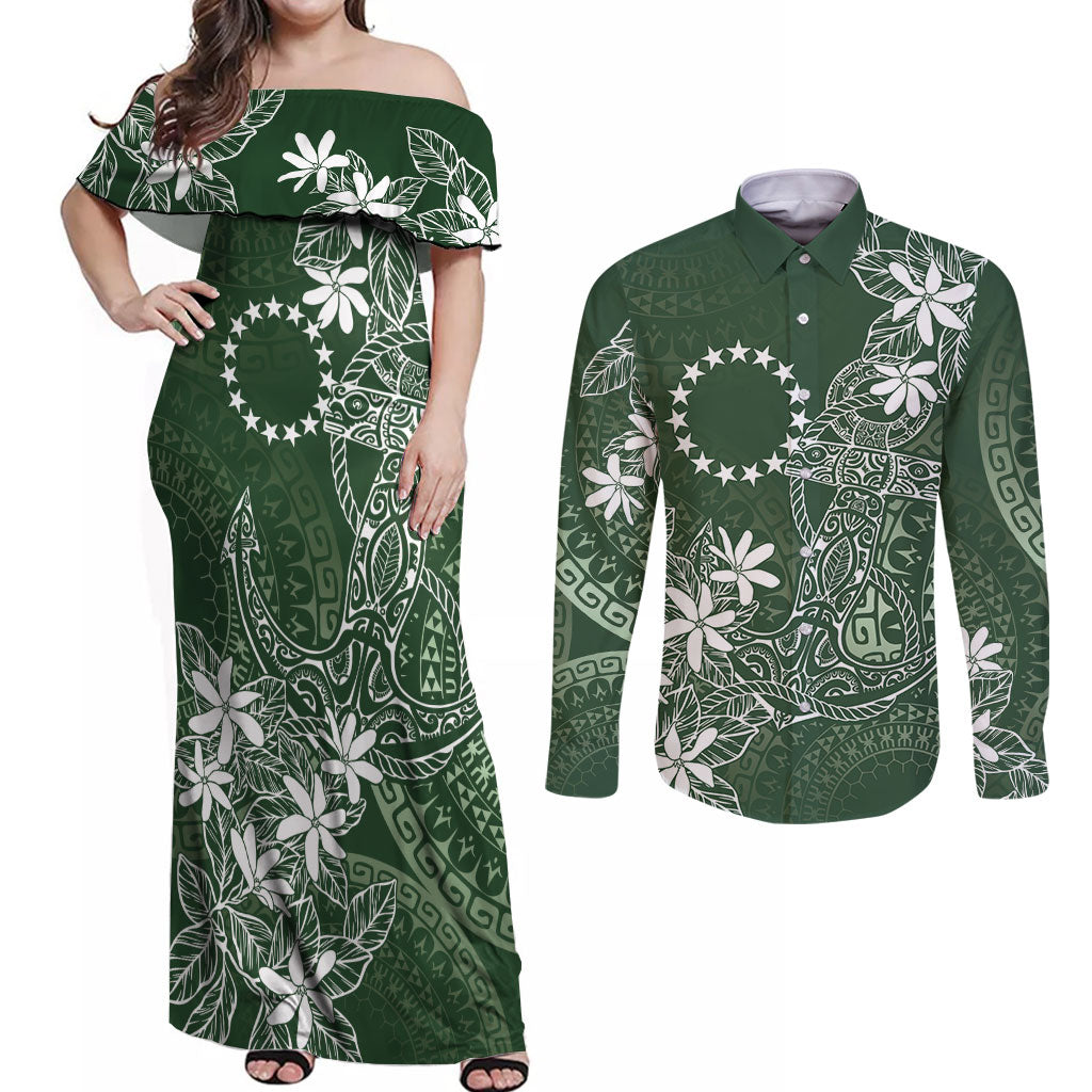 Sage Green Kuki Airani Tapakau Couples Matching Off Shoulder Maxi Dress and Long Sleeve Button Shirt Tribal Anchor Mix Tiare LT7 Sage Green - Polynesian Pride