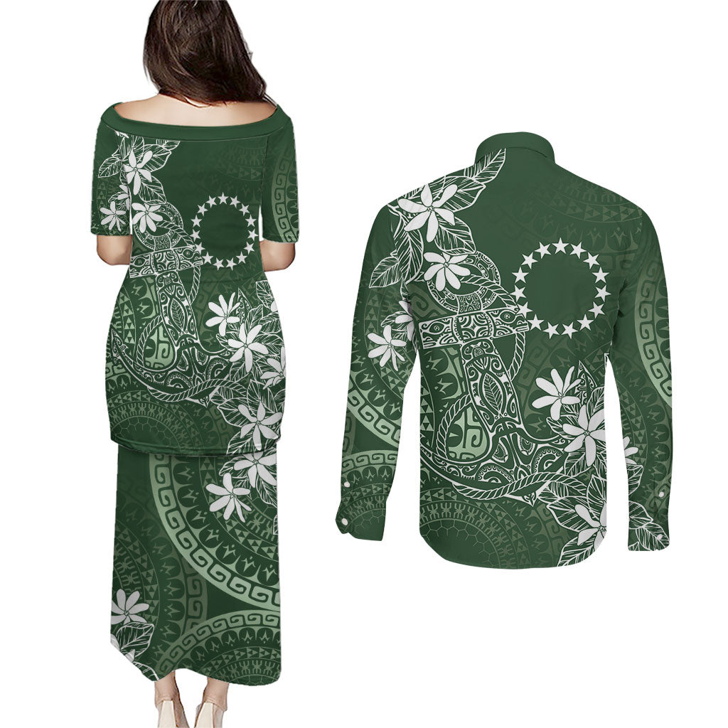 Sage Green Kuki Airani Tapakau Couples Matching Puletasi and Long Sleeve Button Shirt Tribal Anchor Mix Tiare LT7 - Polynesian Pride