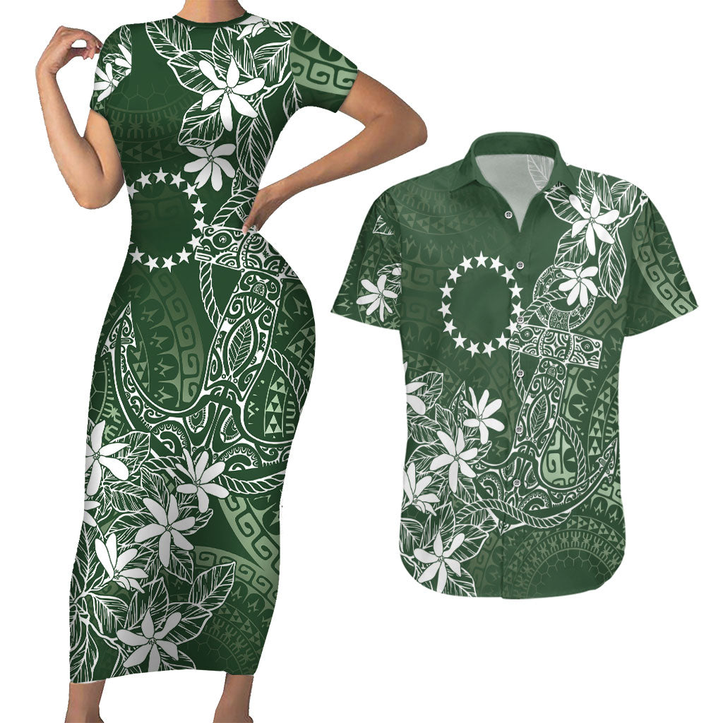 Sage Green Kuki Airani Tapakau Couples Matching Short Sleeve Bodycon Dress and Hawaiian Shirt Tribal Anchor Mix Tiare