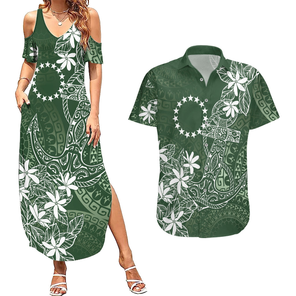 Sage Green Kuki Airani Tapakau Couples Matching Summer Maxi Dress and Hawaiian Shirt Tribal Anchor Mix Tiare LT7 Sage Green - Polynesian Pride