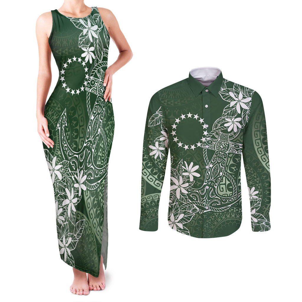 Sage Green Kuki Airani Tapakau Couples Matching Tank Maxi Dress and Long Sleeve Button Shirt Tribal Anchor Mix Tiare LT7 Sage Green - Polynesian Pride