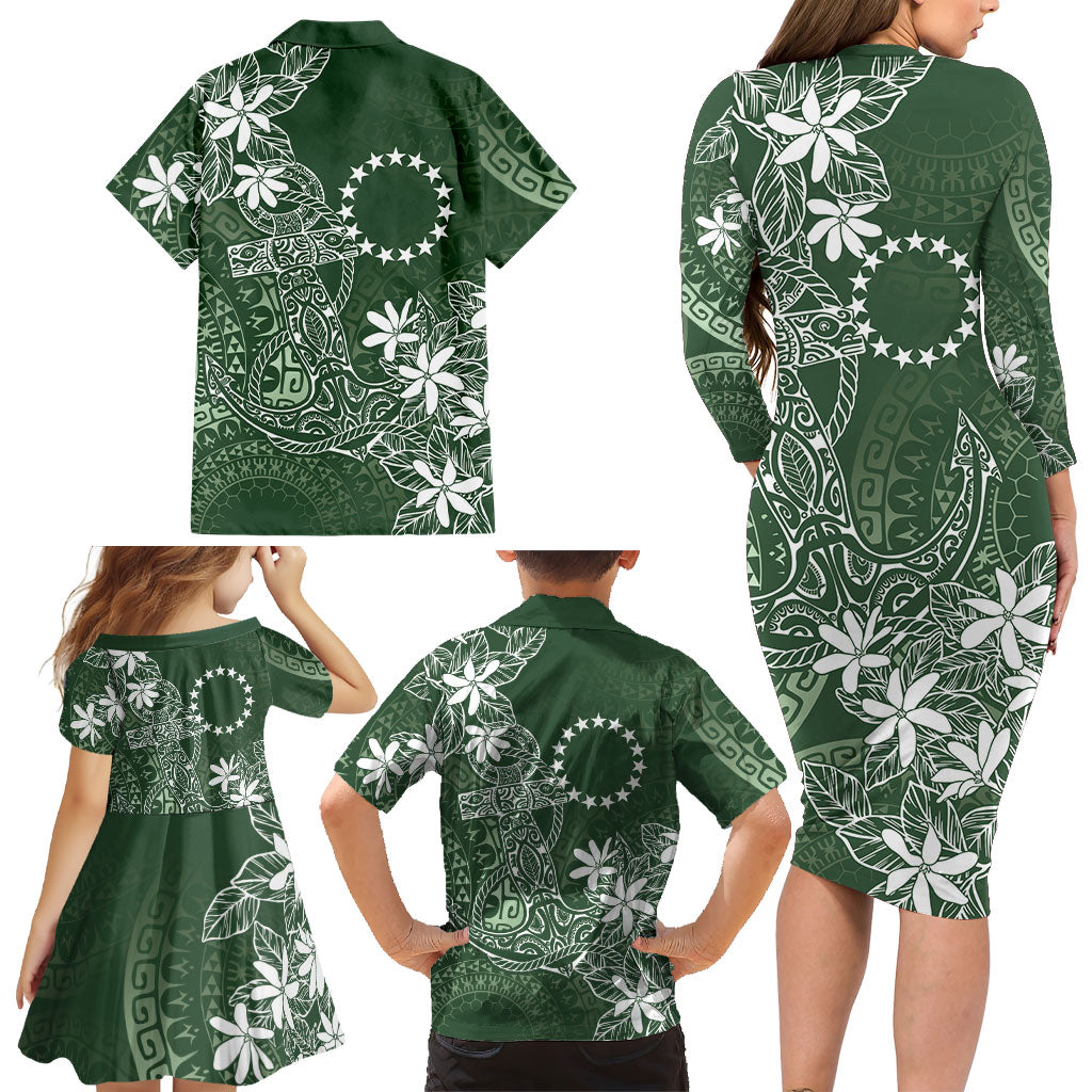 Sage Green Kuki Airani Tapakau Family Matching Long Sleeve Bodycon Dress and Hawaiian Shirt Tribal Anchor Mix Tiare LT7 - Polynesian Pride