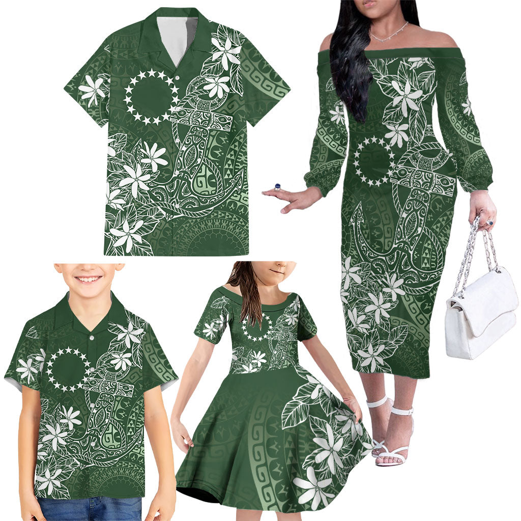 Sage Green Kuki Airani Tapakau Family Matching Off The Shoulder Long Sleeve Dress and Hawaiian Shirt Tribal Anchor Mix Tiare