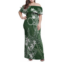 Sage Green Kuki Airani Tapakau Family Matching Off Shoulder Maxi Dress and Hawaiian Shirt Tribal Anchor Mix Tiare LT7 Mom's Dress Sage Green - Polynesian Pride