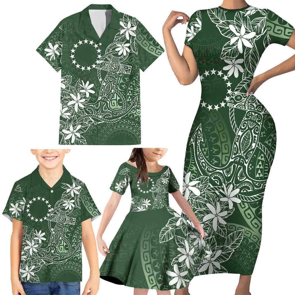 Sage Green Kuki Airani Tapakau Family Matching Short Sleeve Bodycon Dress and Hawaiian Shirt Tribal Anchor Mix Tiare LT7 - Polynesian Pride