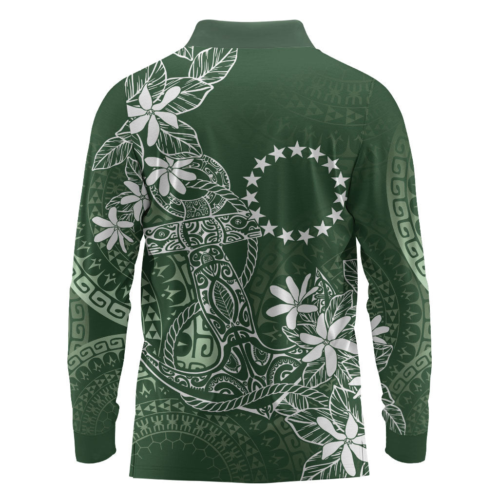 Sage Green Kuki Airani Tapakau Long Sleeve Polo Shirt Tribal Anchor Mix Tiare LT7 - Polynesian Pride