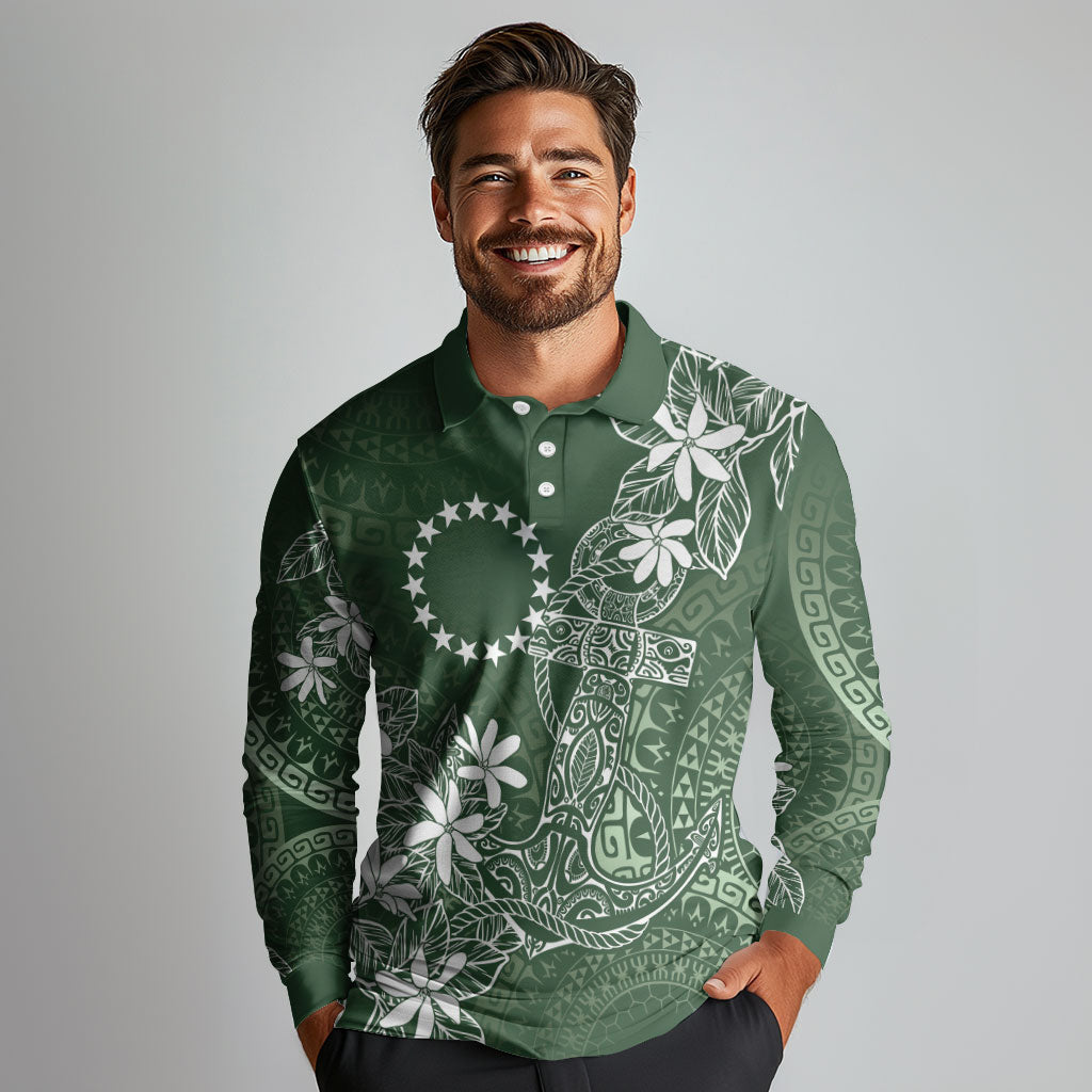 Sage Green Kuki Airani Tapakau Long Sleeve Polo Shirt Tribal Anchor Mix Tiare LT7 - Polynesian Pride