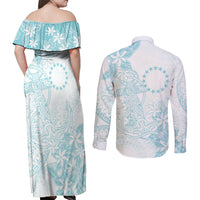 Turquoise Kuki Airani Tapakau Couples Matching Off Shoulder Maxi Dress and Long Sleeve Button Shirt Tribal Anchor Mix Tiare LT7 - Polynesian Pride