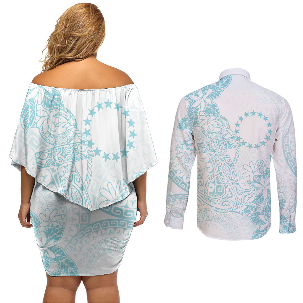 Turquoise Kuki Airani Tapakau Couples Matching Off Shoulder Short Dress and Long Sleeve Button Shirt Tribal Anchor Mix Tiare LT7 - Polynesian Pride