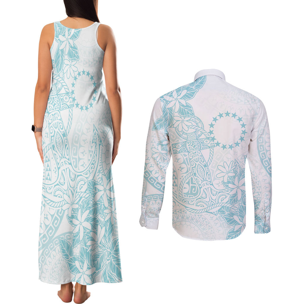 Turquoise Kuki Airani Tapakau Couples Matching Tank Maxi Dress and Long Sleeve Button Shirt Tribal Anchor Mix Tiare LT7 - Polynesian Pride