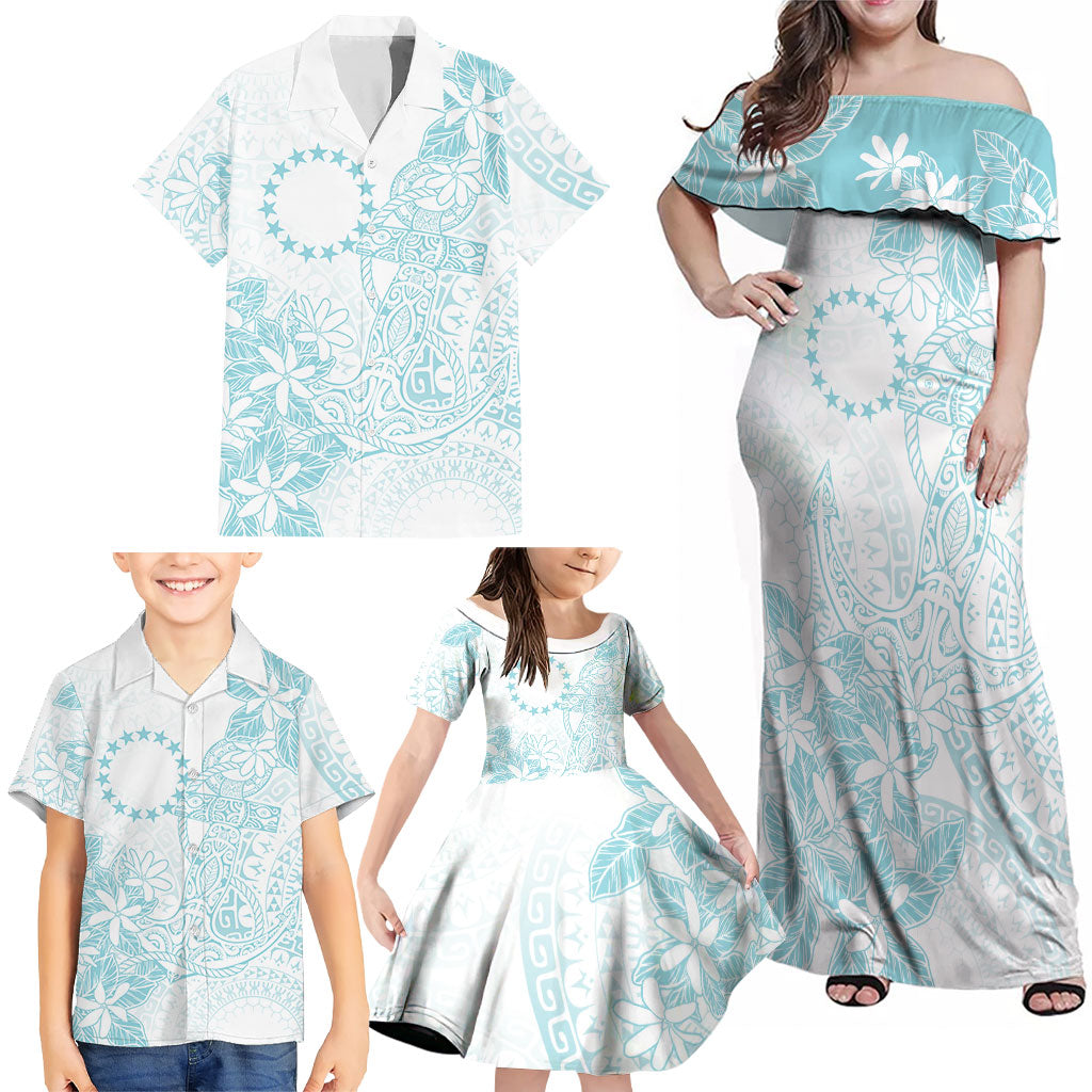 Turquoise Kuki Airani Tapakau Family Matching Off Shoulder Maxi Dress and Hawaiian Shirt Tribal Anchor Mix Tiare