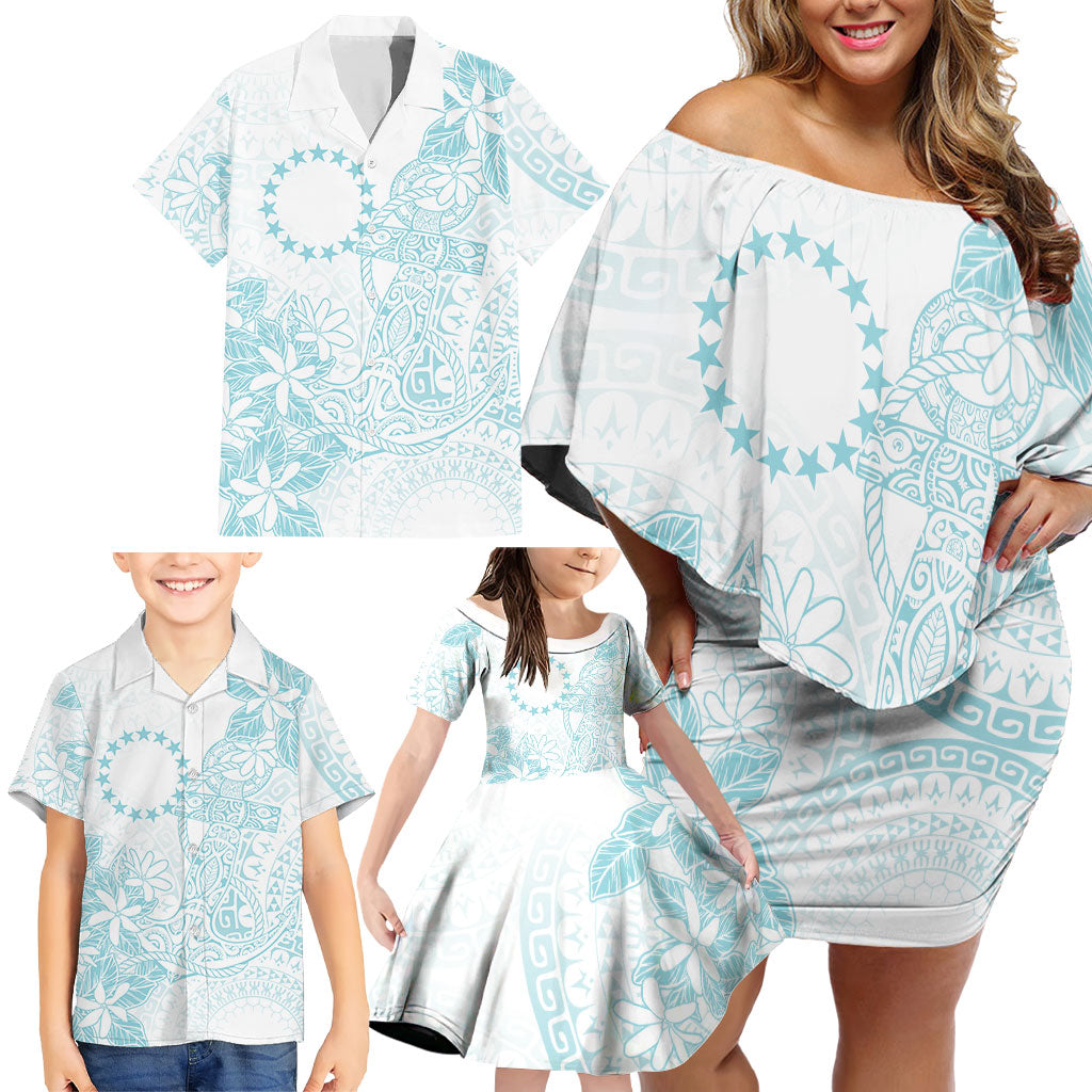 Turquoise Kuki Airani Tapakau Family Matching Off Shoulder Short Dress and Hawaiian Shirt Tribal Anchor Mix Tiare LT7 - Polynesian Pride
