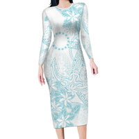 Turquoise Kuki Airani Tapakau Long Sleeve Bodycon Dress Tribal Anchor Mix Tiare LT7 Long Dress Turquoise - Polynesian Pride