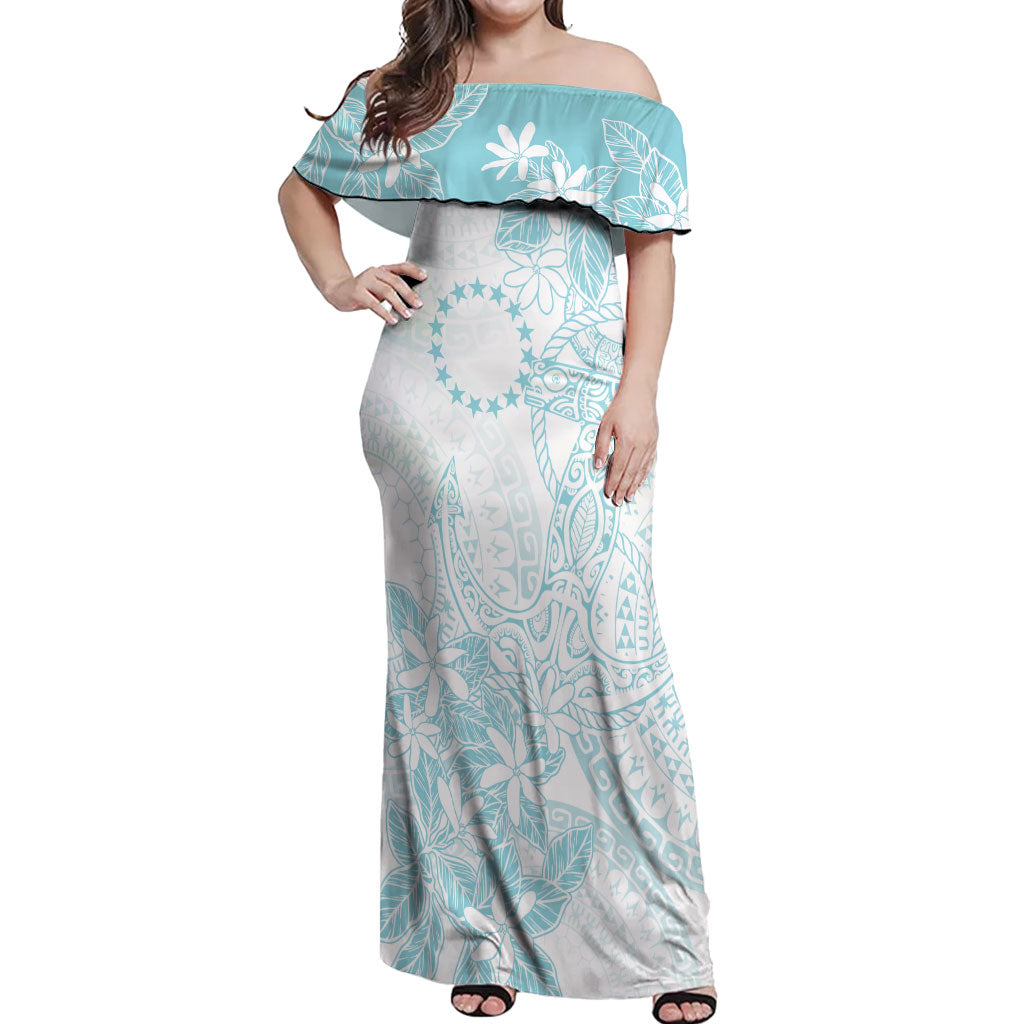 Turquoise Kuki Airani Tapakau Off Shoulder Maxi Dress Tribal Anchor Mix Tiare LT7 Women Turquoise - Polynesian Pride