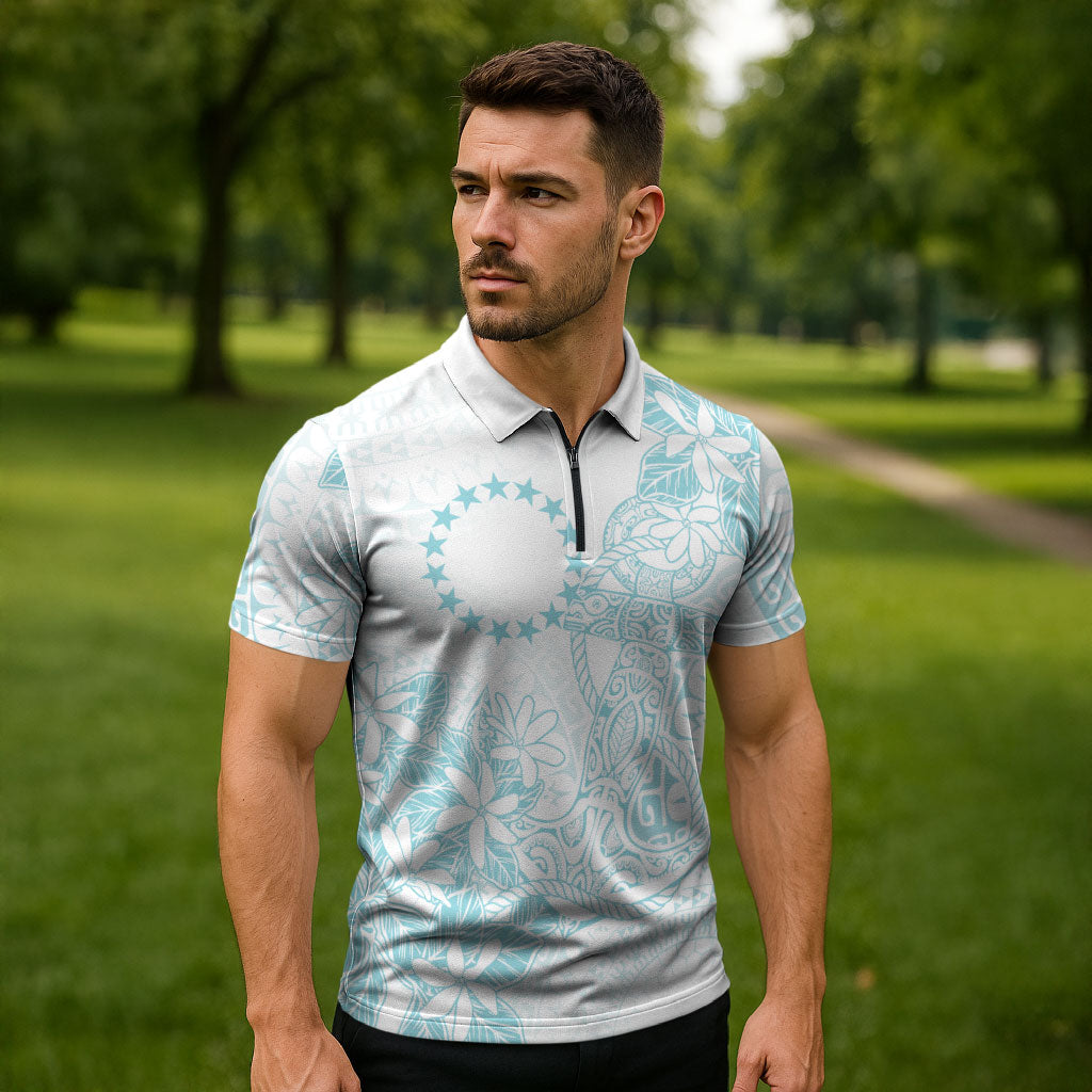 Turquoise Kuki Airani Tapakau Zipper Polo Shirt Tribal Anchor Mix Tiare LT7 - Polynesian Pride