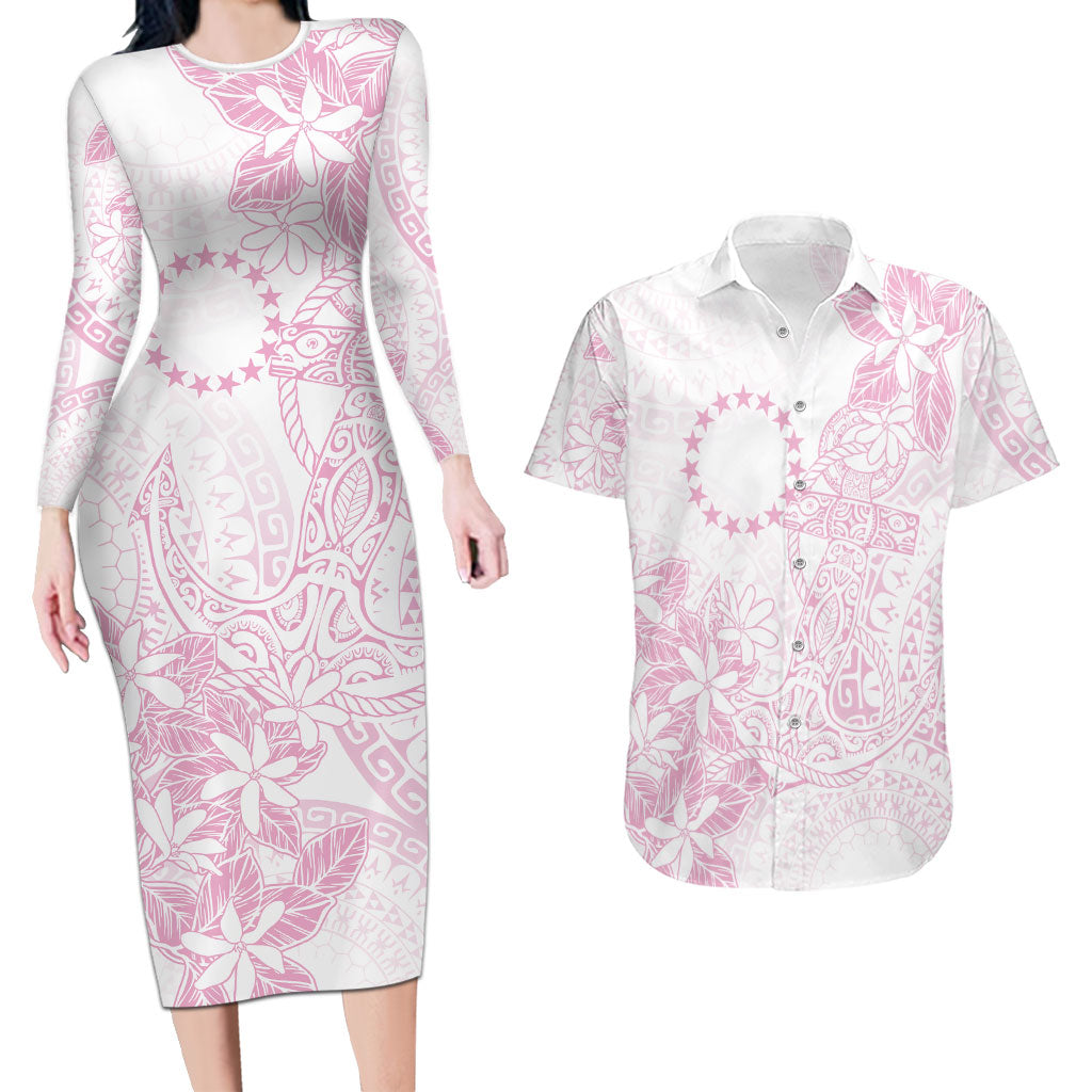 Candy Pink Kuki Airani Tapakau Couples Matching Long Sleeve Bodycon Dress and Hawaiian Shirt Tribal Anchor Mix Tiare
