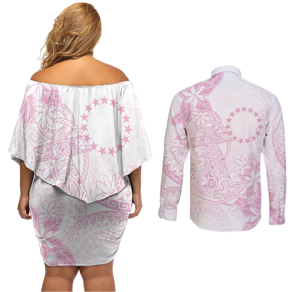 Candy Pink Kuki Airani Tapakau Couples Matching Off Shoulder Short Dress and Long Sleeve Button Shirt Tribal Anchor Mix Tiare LT7 - Polynesian Pride