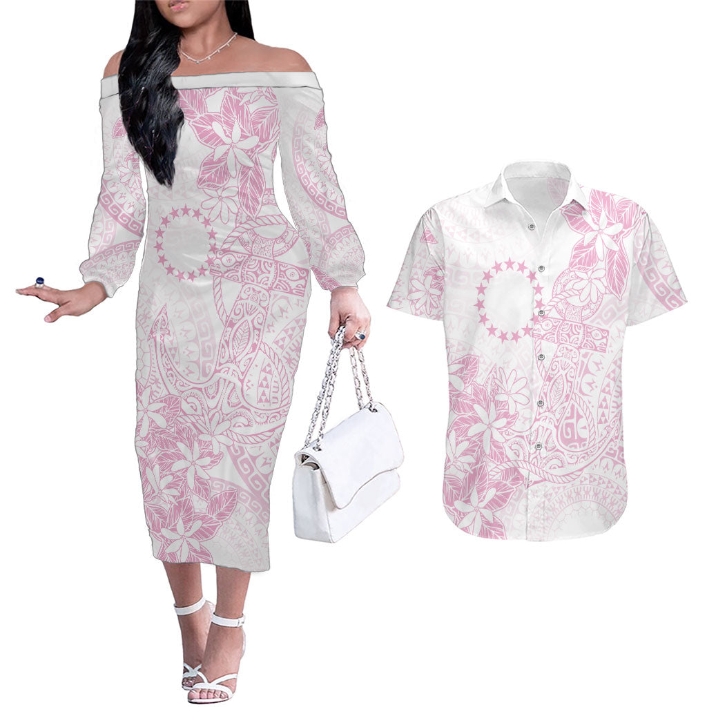 Candy Pink Kuki Airani Tapakau Couples Matching Off The Shoulder Long Sleeve Dress and Hawaiian Shirt Tribal Anchor Mix Tiare LT7 Candy Pink - Polynesian Pride