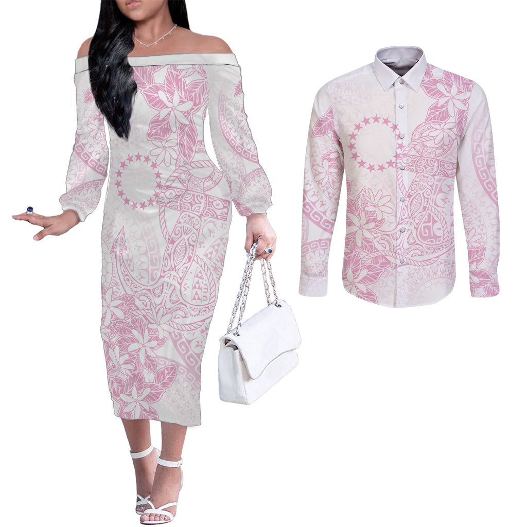 Candy Pink Kuki Airani Tapakau Couples Matching Off The Shoulder Long Sleeve Dress and Long Sleeve Button Shirt Tribal Anchor Mix Tiare LT7 Candy Pink - Polynesian Pride