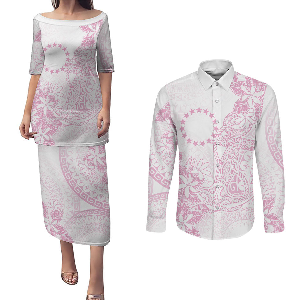 Candy Pink Kuki Airani Tapakau Couples Matching Puletasi and Long Sleeve Button Shirt Tribal Anchor Mix Tiare