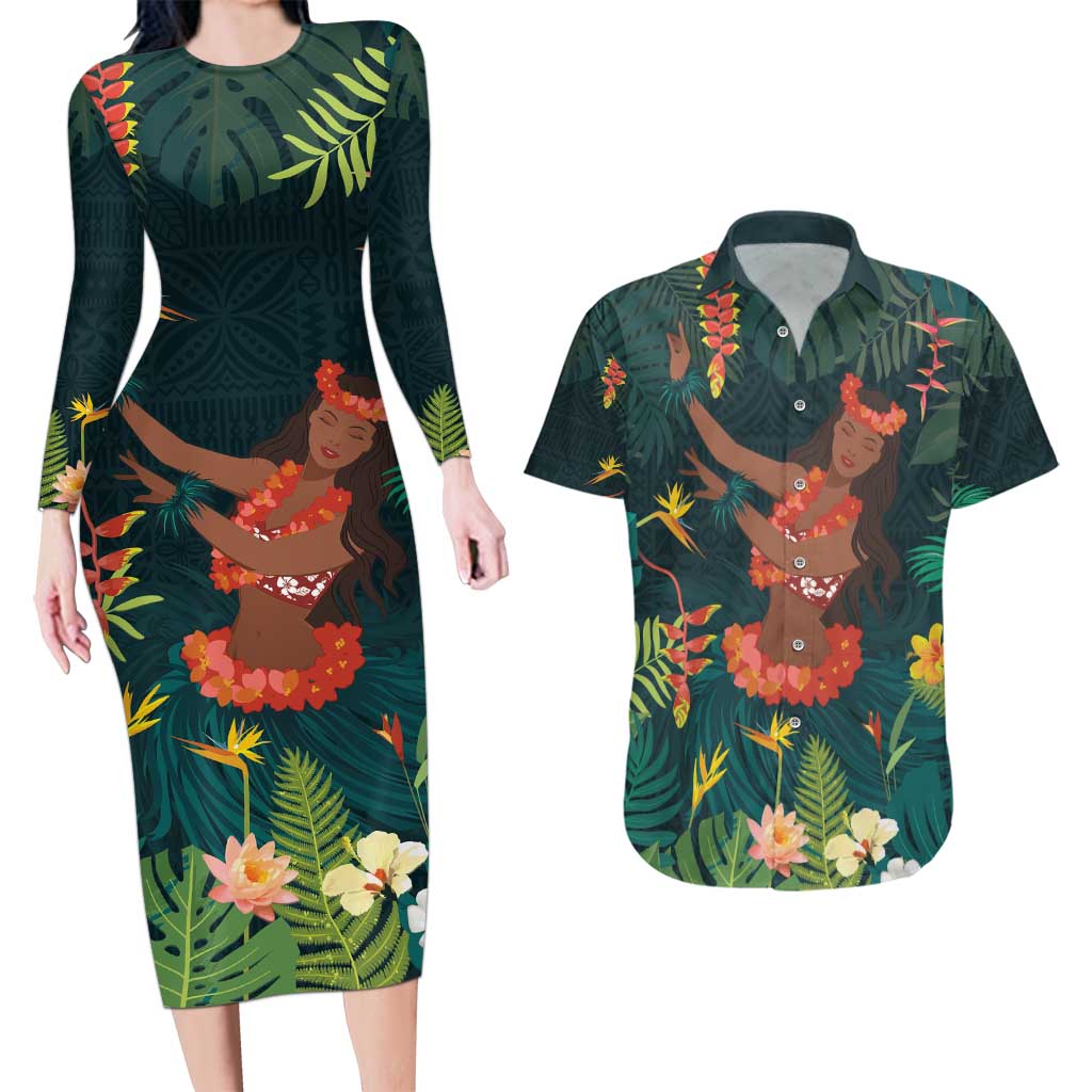 Hawaii Hula Girl Vintage Couples Matching Long Sleeve Bodycon Dress and Hawaiian Shirt Tropical Forest LT7 Colorful - Polynesian Pride