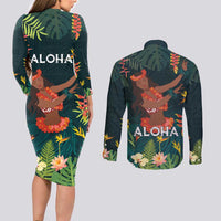 Hawaii Hula Girl Vintage Couples Matching Long Sleeve Bodycon Dress and Long Sleeve Button Shirt Tropical Forest LT7 - Polynesian Pride