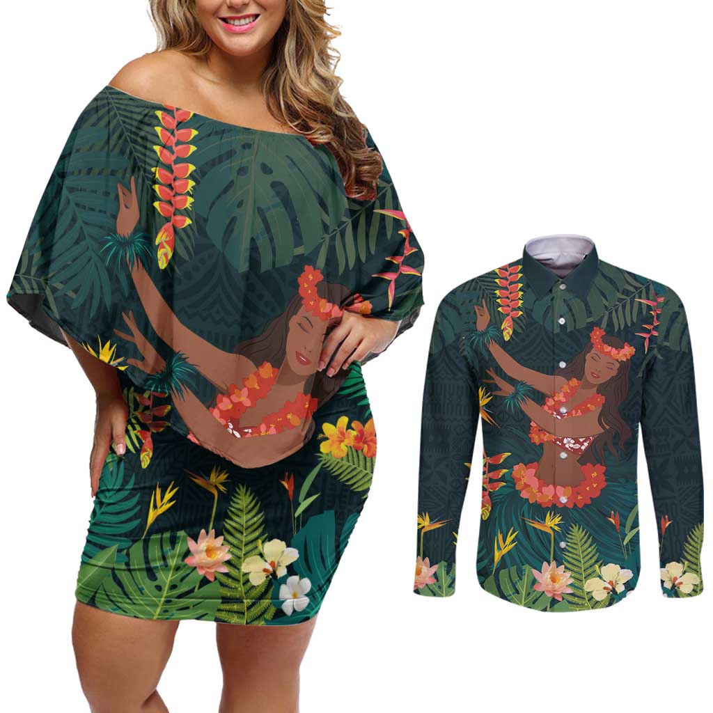 Hawaii Hula Girl Vintage Couples Matching Off Shoulder Short Dress and Long Sleeve Button Shirt Tropical Forest LT7 Colorful - Polynesian Pride