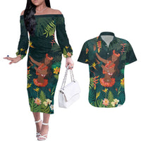 Hawaii Hula Girl Vintage Couples Matching Off The Shoulder Long Sleeve Dress and Hawaiian Shirt Tropical Forest LT7 Colorful - Polynesian Pride
