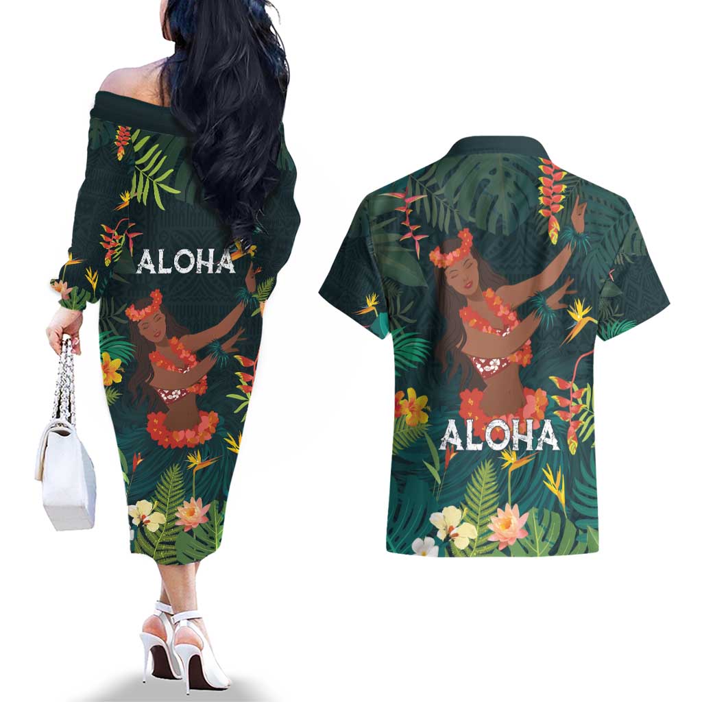 Hawaii Hula Girl Vintage Couples Matching Off The Shoulder Long Sleeve Dress and Hawaiian Shirt Tropical Forest LT7 - Polynesian Pride