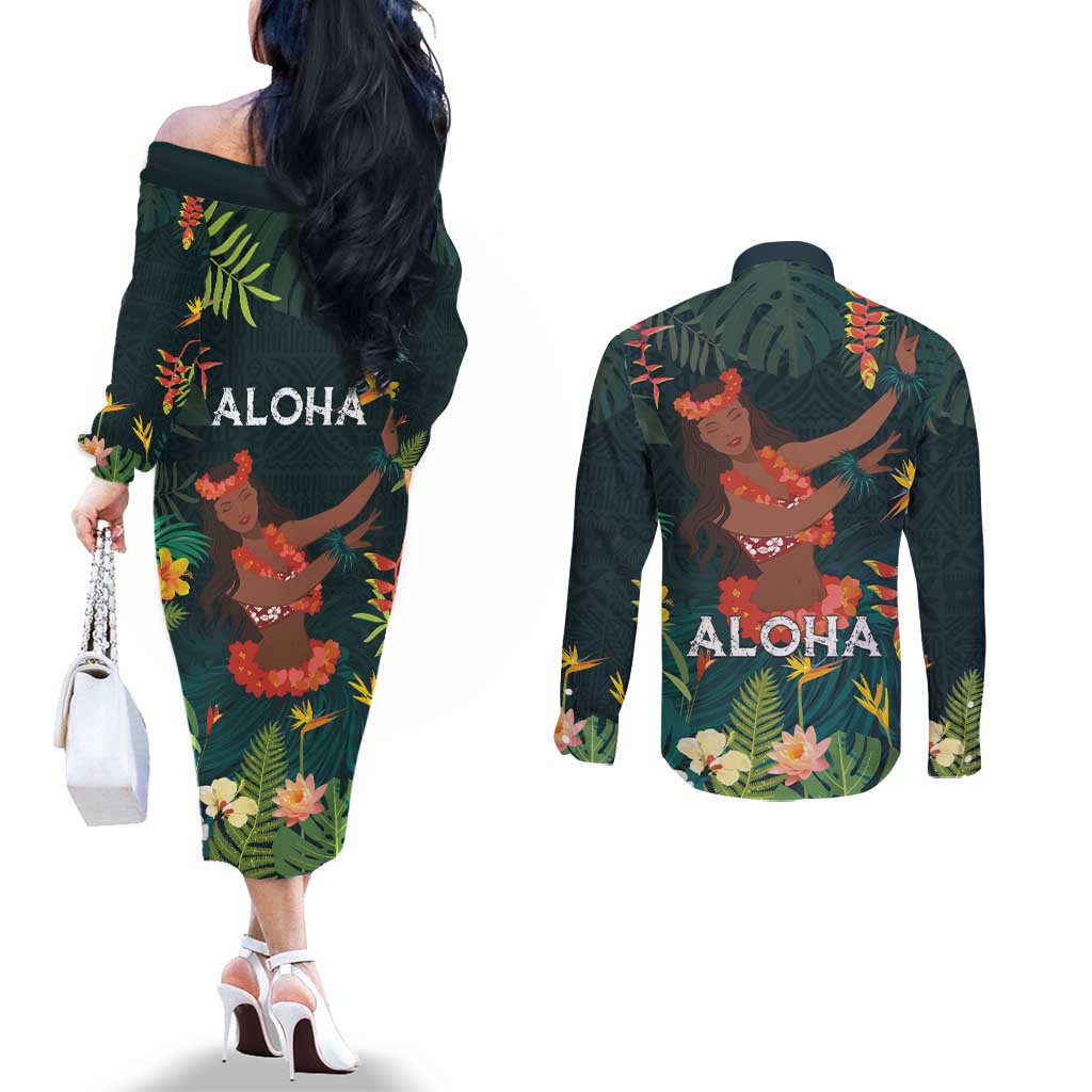 Hawaii Hula Girl Vintage Couples Matching Off The Shoulder Long Sleeve Dress and Long Sleeve Button Shirt Tropical Forest LT7 - Polynesian Pride