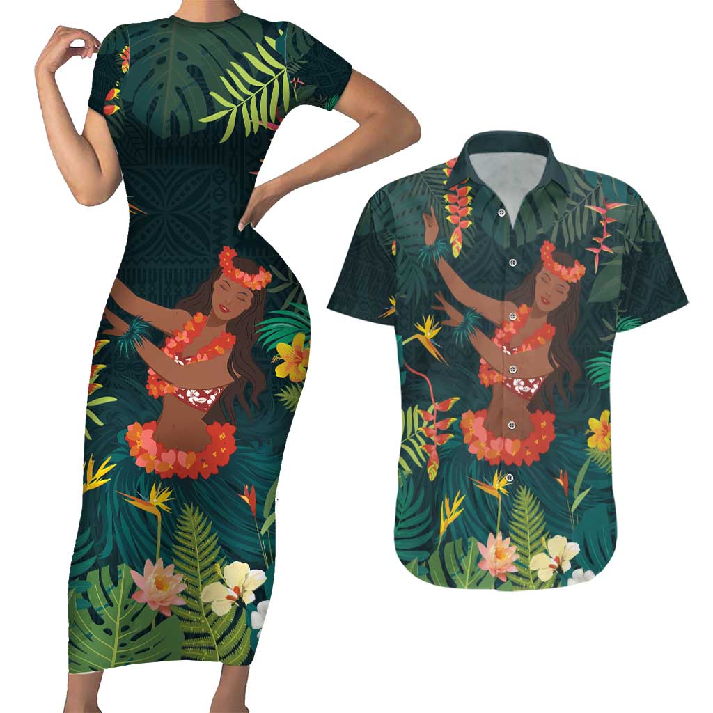 Hawaii Hula Girl Vintage Couples Matching Short Sleeve Bodycon Dress and Hawaiian Shirt Tropical Forest LT7 Colorful - Polynesian Pride