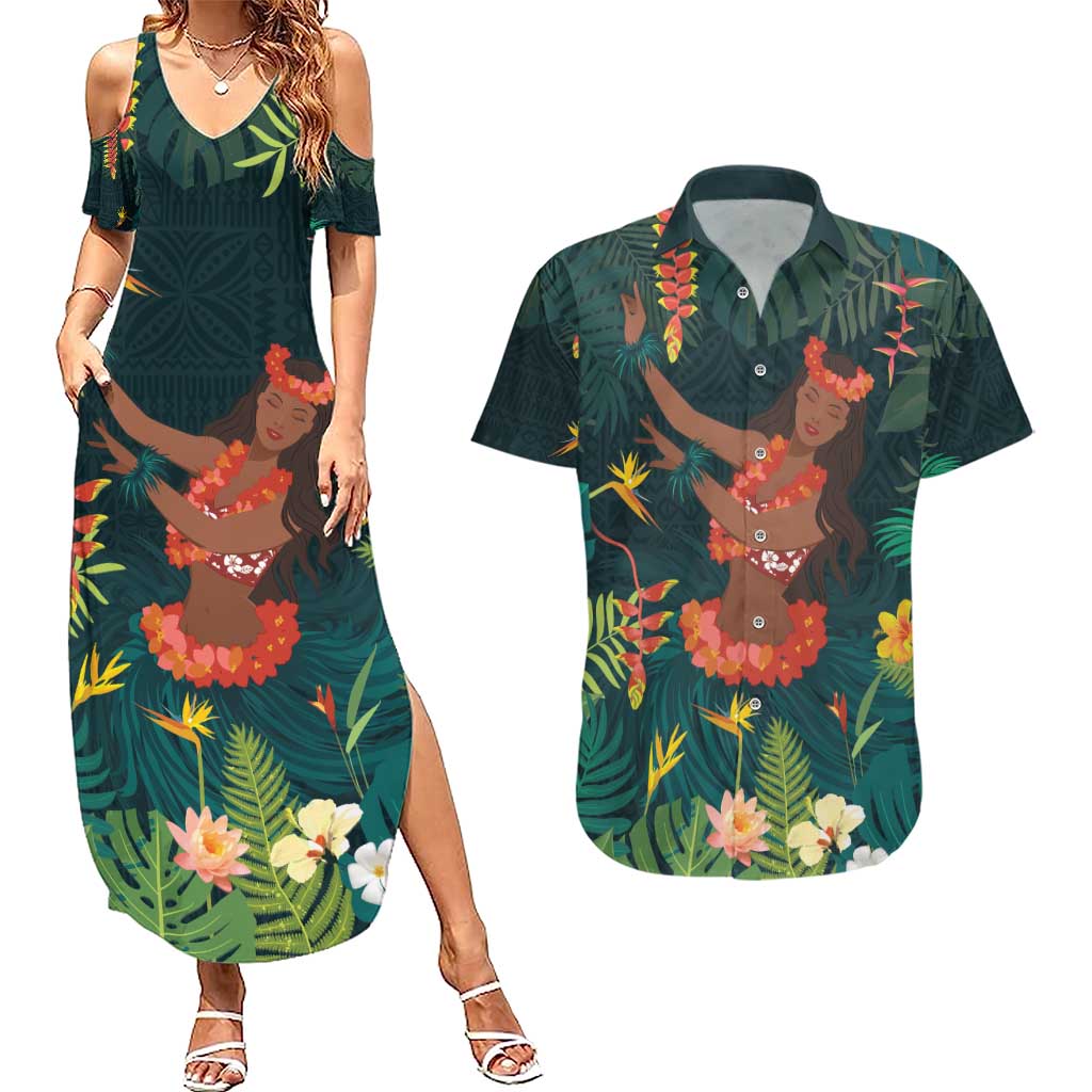 Hawaii Hula Girl Vintage Couples Matching Summer Maxi Dress and Hawaiian Shirt Tropical Forest LT7 Colorful - Polynesian Pride