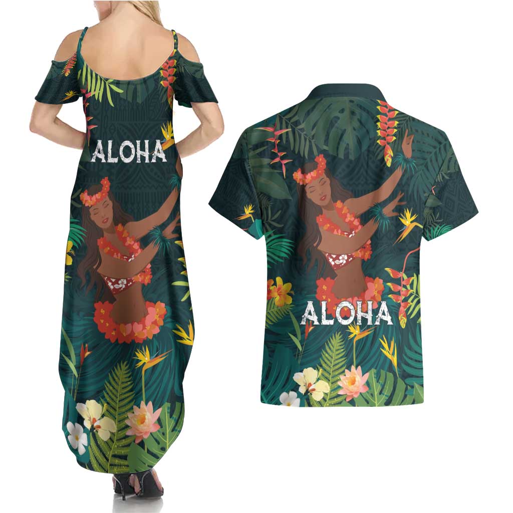 Hawaii Hula Girl Vintage Couples Matching Summer Maxi Dress and Hawaiian Shirt Tropical Forest LT7 - Polynesian Pride