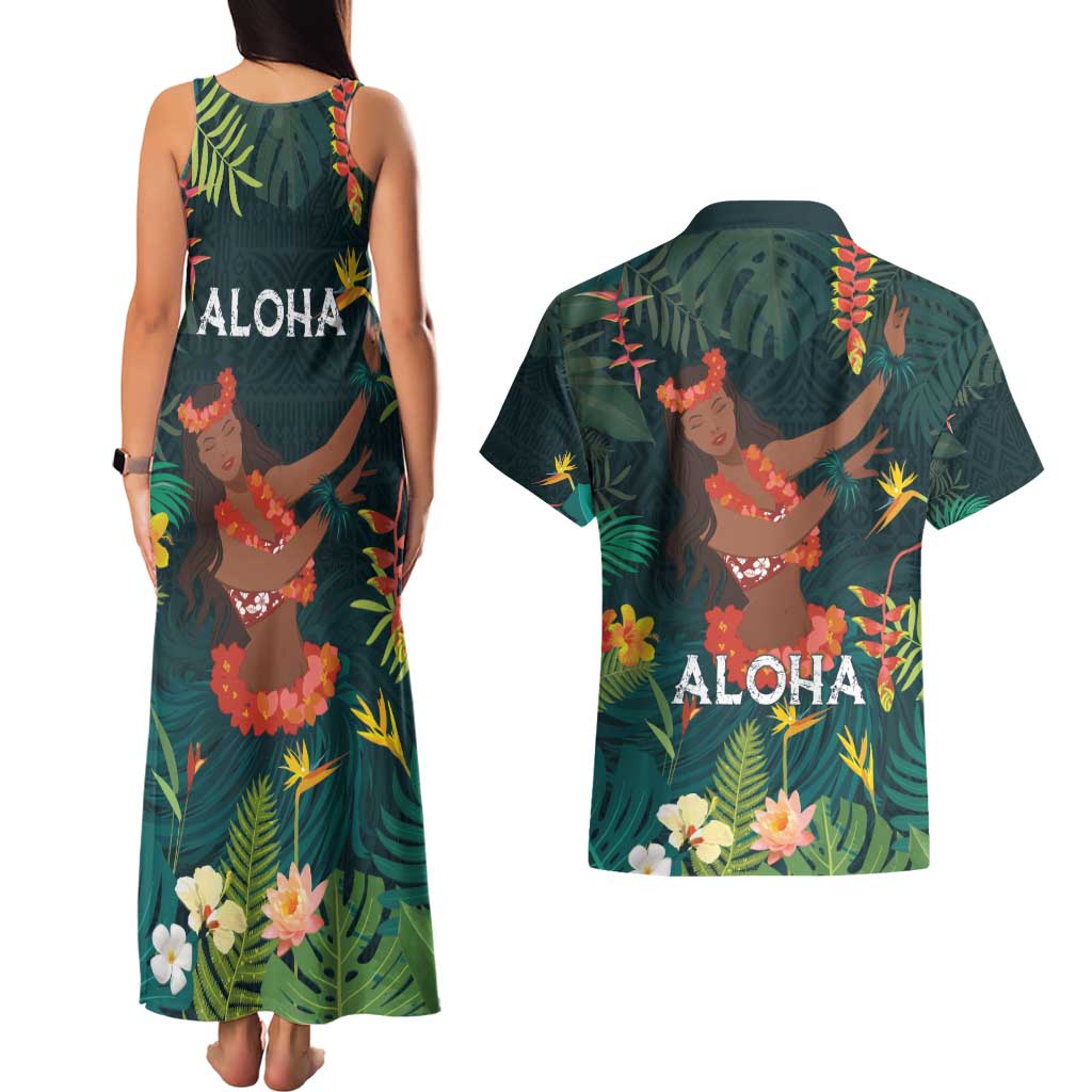 Hawaii Hula Girl Vintage Couples Matching Tank Maxi Dress and Hawaiian Shirt Tropical Forest LT7 - Polynesian Pride
